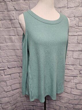 Savvi S Dusty Aqua Blue Green Waffle Texture Cold Shoulder Long Sleeve Top